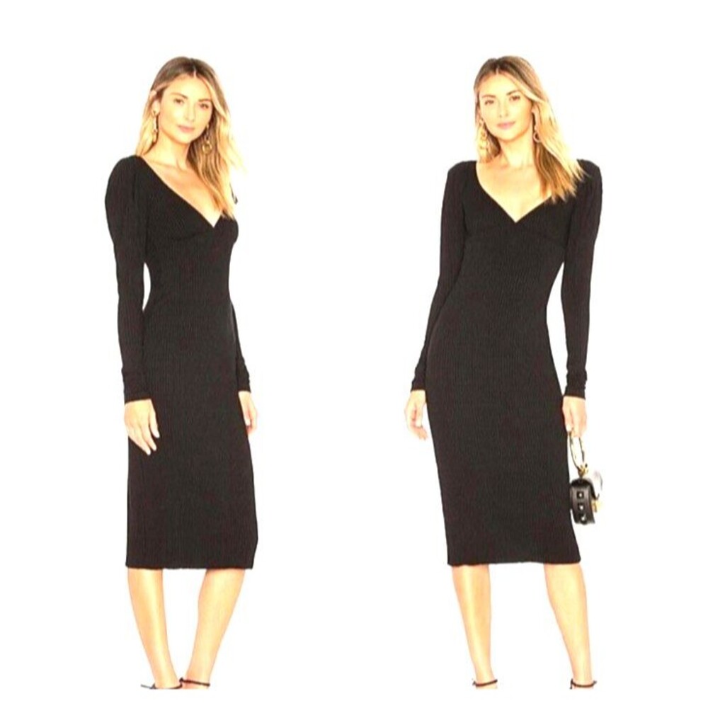 A.L.C. Dafne Black Ribbed Puff Sleeve Midi Dress Medium Victorian Romance Luxury